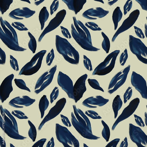 Navy Blue Abstract Brush Leaf Seamless Pattern