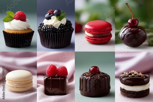 Collage of assorted desserts featuring cupcakes, macarons, and chocolates arranged beautifully on a soft fabric background, showcasing delightful textures and vibrant colors