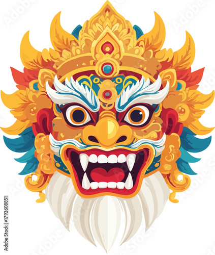 A vibrant and detailed illustration of a traditional Balinese Barong mask, featuring fierce eyes, sharp teeth, and ornate golden headdress.