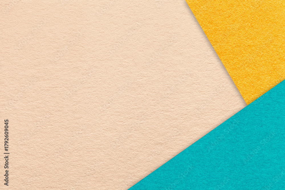 Fototapeta premium Abstract cream, yellow and turquoise paper background with copy space. Template for presentation, banner, card design