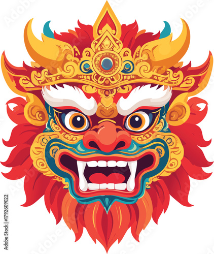 Vibrant stylized mythical creature mask with intricate gold crown and fierce expression, featuring red, blue, and yellow colors, in traditional Asian art style.