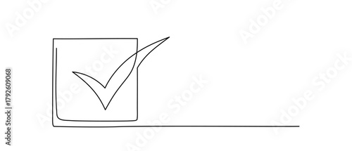 Checkmark in square, vector one line illustration. Hand drawn continuous icon, checklist sign