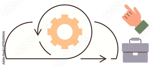 Cloud framework with gear, arrows, briefcase, and hand gesture suggests automation, teamwork, process efficiency, digital transformation, remote work, software development and strategy in a simple