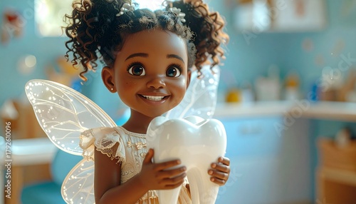Cartoon tooth fairy girl with a tooth