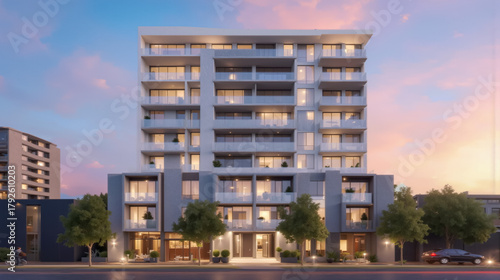 夕暮れ時の美しい空の下に建つモダンな集合住宅の外観