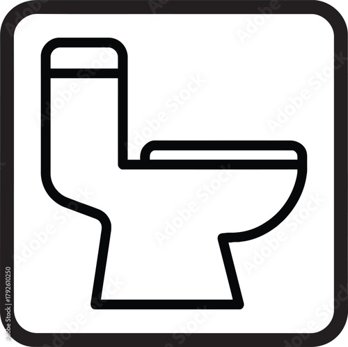 A minimalist, line-art representation of a toilet bowl and tank within a rounded square frame. Clean and clear design.