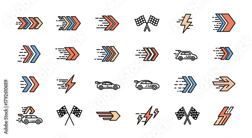 Collection of speed and racing icons including arrows lightning bolts race cars and checkered flags in a white background illustration