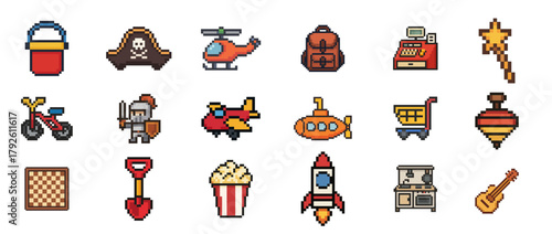Colorful pixel art icons: toys, vehicles, medieval knight, and household items