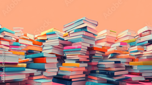 Colorful Pile of Books with Vibrant Covers on Pink Background