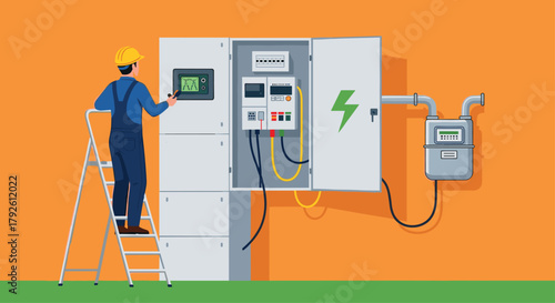 Electrician on ladder servicing electrical panel for residential power grid, ensuring safety and efficiency in home energy distribution