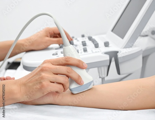 Medical professional performing an ultrasound scan on a patient's arm