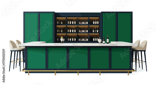 Elegant emerald bar with wine rack and marble counter perfect for upscale restaurant designs or modern home interiors, inviting ambiance included