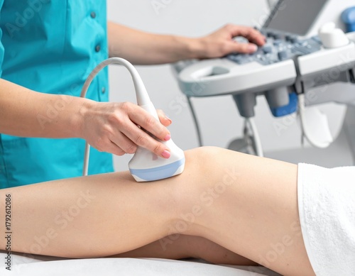 Medical professional performing an ultrasound scan on a patient's knee