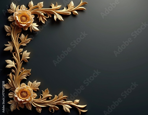 Golden floral ornamental corner decor on dark background. Intricate leaves and flowers add luxury. Elegant design element for invitations or luxury products.