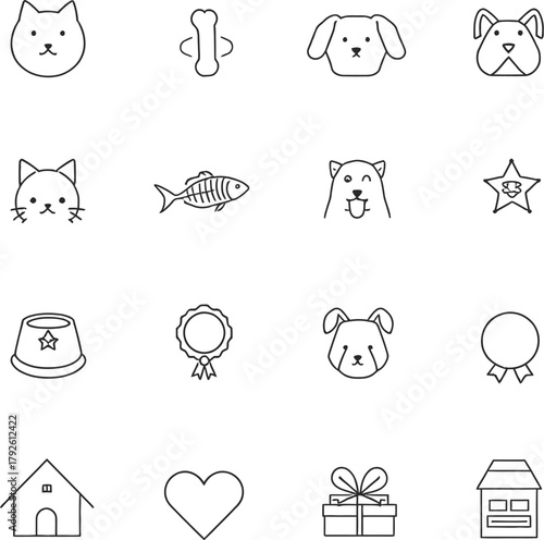 Pets and Animals Thin Line Icon Set Cat Dog Care Food Bone Home Gift Award
