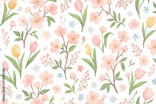  Spring flower blossom seamless pattern