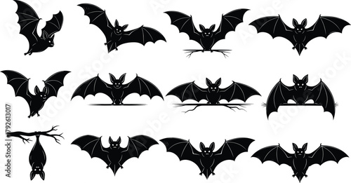 Flying bat silhouette vector illustration set, spooky night animal collection for halloween decoration, horror theme, wildlife concept, fantasy art and design projects