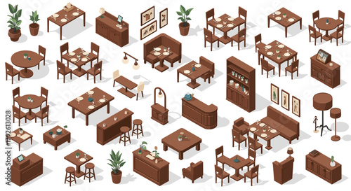 Isometric restaurant furniture for interior design projects creates inviting dining atmosphere and functional space planning in modern style concept