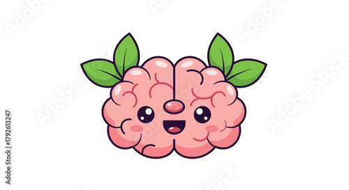 Cute and cheerful brain character with playful leaves, perfect for learning, wellness, and educational content that inspires a healthy mind