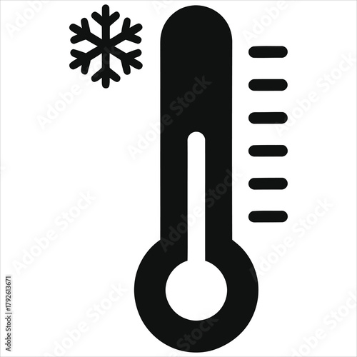 Black and White Vector of Winter Cold Temperature Thermometer with Snowflake Icon - Isolated on Light Background for Seasonal, Weather, Climate, and Design Projects