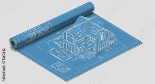 Detailed architectural blueprint showcases a modern house design with intricate floor plans and elevation views, perfect for construction planning
