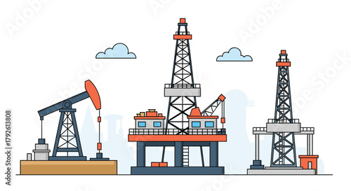 Modern oil rigs and pumpjack symbolize industrial energy extraction and global resource production in a clean, graphic style