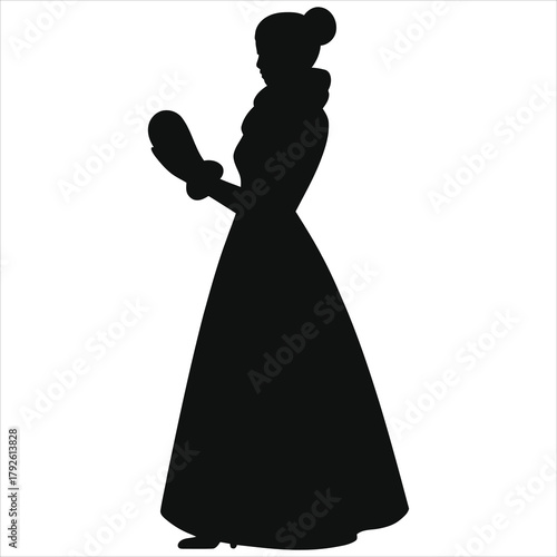 Elegant Vintage Victorian Winter Silhouette of Woman in Full-Length Warm Coat Dress Holding Plush Fur Muff Handwarmer on White Background – Christmas Season, Cold Weather Fashion Vector Illustration.