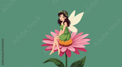 Enchanting fairy with delicate wings rests gracefully upon a vibrant pink flower, evoking a sense of wonder and natural magic