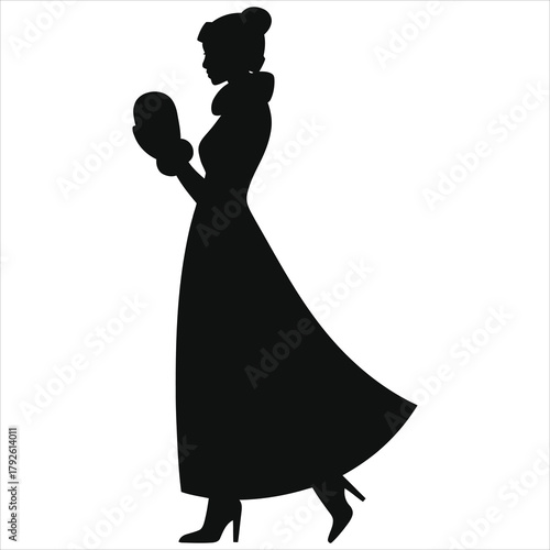 Elegant Winter Woman Silhouette Vector Illustration: Vintage Dress with Fur Muff Handwarmer, Stylish Female Figure in Cold Season Fashion, Retro Lady Pose for Graphic Design, Seasonal Clip Art