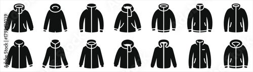 Winter jacket icon set. Vector collection of warm outerwear symbols including parkas, coats, down jackets, raincoats, and hoodies. Black clothing silhouettes for cold weather fashion, apparel stores, 