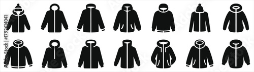 Winter Clothing Icon Vector Set - Black Coat Jacket Parka Hooded Sweater Beanie Gloves Scarf Symbols for Seasonal Fashion UI Web Print App Labels Badges Patterns Sale Graphics and Branding Editable