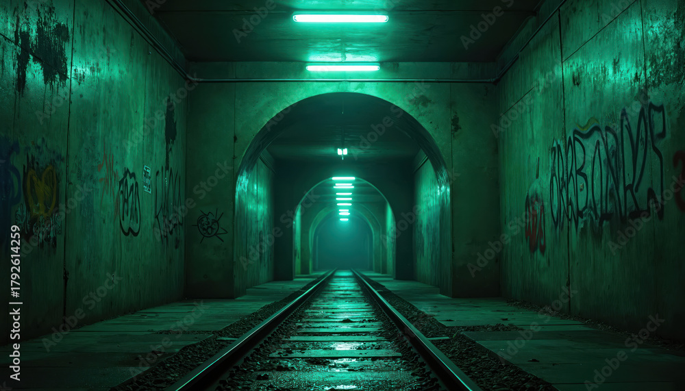 Fototapeta premium Dark urban subway tunnel with graffiti art illuminated by green neon lights. Train tracks stretch into the foggy distance, hinting at mystery and journeys. An eerie industrial passage.