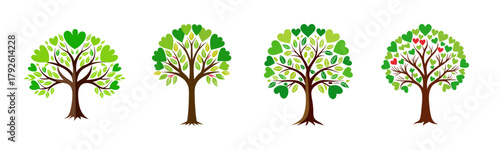 Set of four stylized trees with heart-shaped green and red leaves