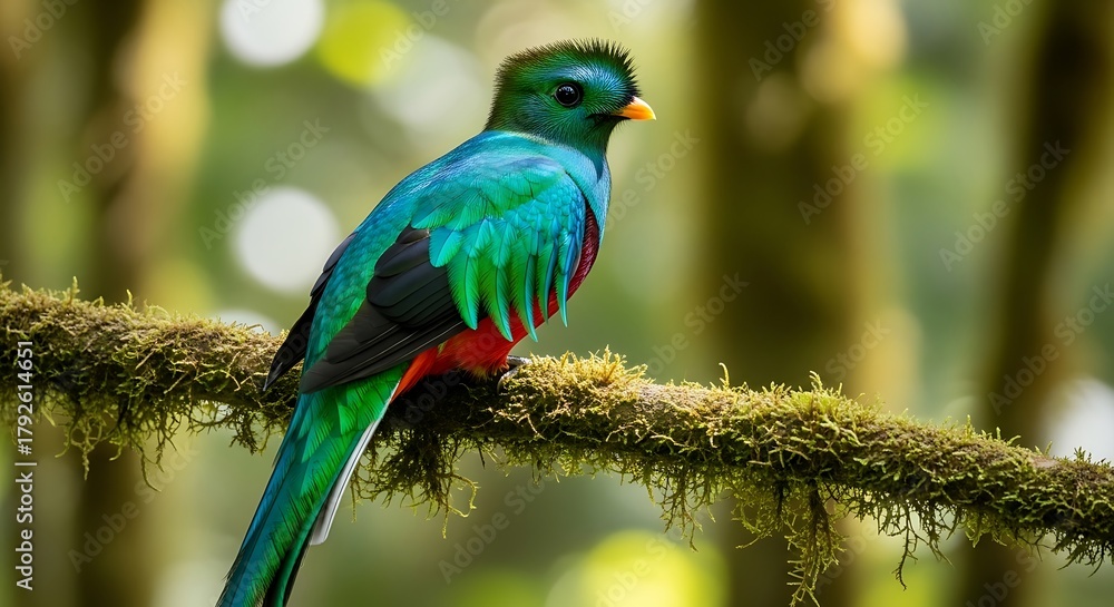 Fototapeta premium Stunning Resplendent Quetzal bird perched on mossy branch in lush vibrant rainforest canopy, a symbol of natural beauty and ecological wonder.