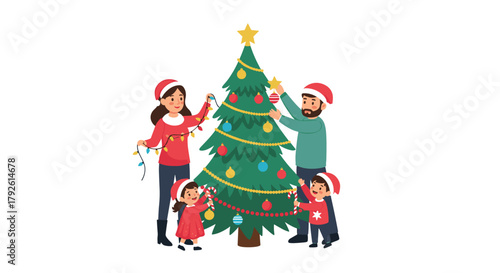 Joyful family decorates Christmas tree together, spreading holiday cheer and creating cherished memories