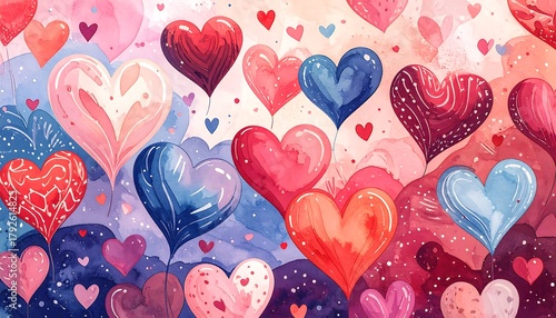 Watercolor painting of many floating hearts in varying sizes and colors over a dreamy background of purple, pink, and blue hues