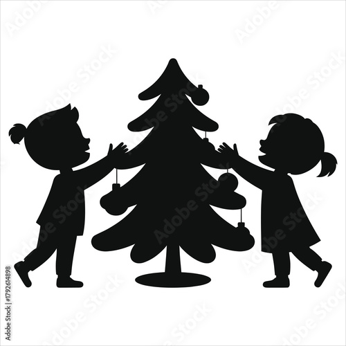 Silhouette of two cute little girls decorating Christmas tree. Vector illustration of children hanging ornaments and baubles on festive fir. Black and white winter holiday scene isolated on background