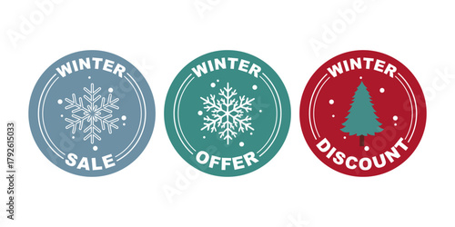 Three winter themed sale offer and discount badges with snowflakes and tree icons on white