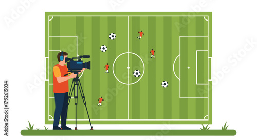 Dynamic cameraman films exciting soccer match action on vibrant green field with players and balls in motion