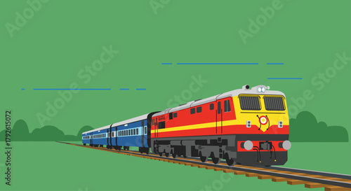 Vibrant red and yellow locomotive pulls blue passenger cars along lush green countryside railway tracks