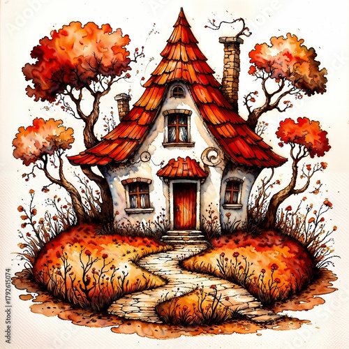 A fairytale house with orange trees and a path.