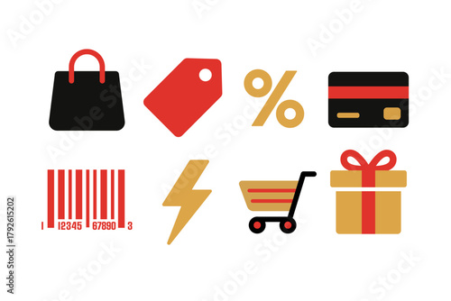 Shopping and discount vector icon set in bold modern colors for retail ads, seasonal promotions, e-commerce banners and Black Friday sales marketing.
