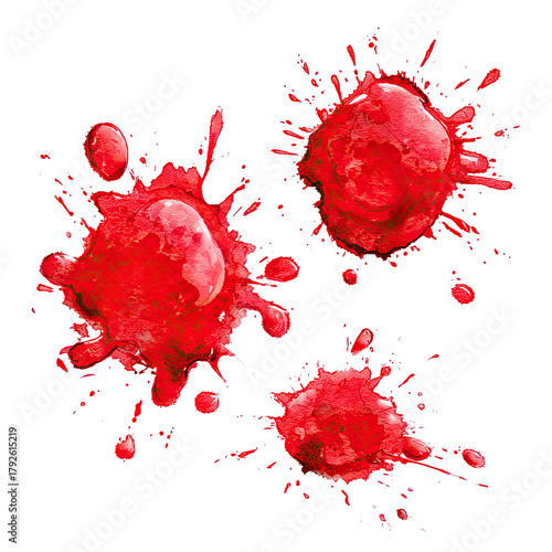 Watercolor-style red splatter, three main blotches, black backdrop, with smaller droplets creating impact