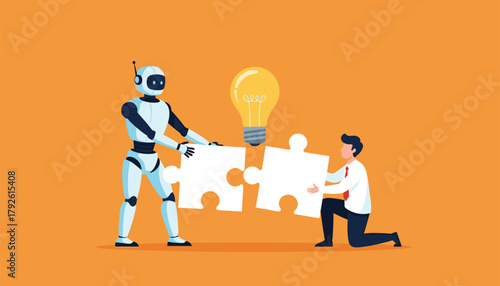 Robot and businessman collaborate to solve puzzle, symbolizing innovation and bright ideas in business