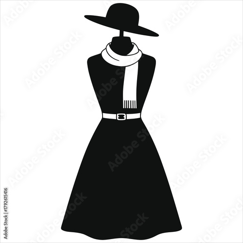 Elegant winter boutique display vector – stylish dress on mannequin with scarf and wide brim hat silhouette for seasonal fashion design, clothing store branding, marketing and print projects shop icon