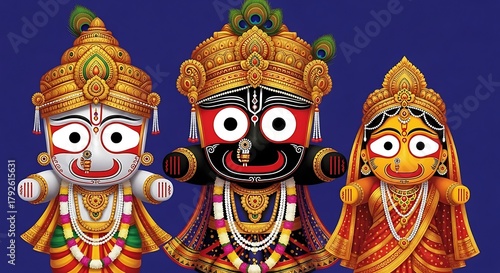 Vibrant depiction of Lord Jagannath, Balabhadra, and Subhadra adorned in ornate golden crowns and colorful attire against a rich blue backdrop, evoking spiritual joy and cultural heritage.