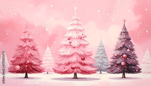 Watercolor painting of several stylized Christmas trees in various shades of pink and gray against a pink, snowy background