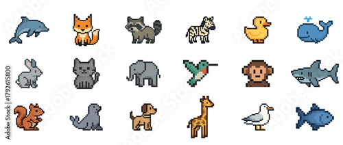 Colorful pixel art animals collection featuring diverse wildlife