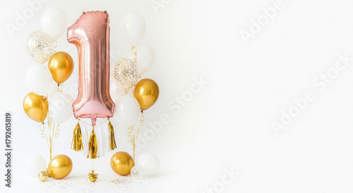 Celebratory balloons number one with gold white and pink elements on white