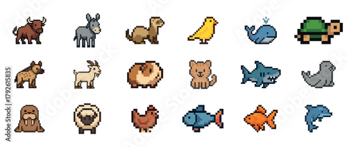 Colorful pixel art animals collection featuring various creatures